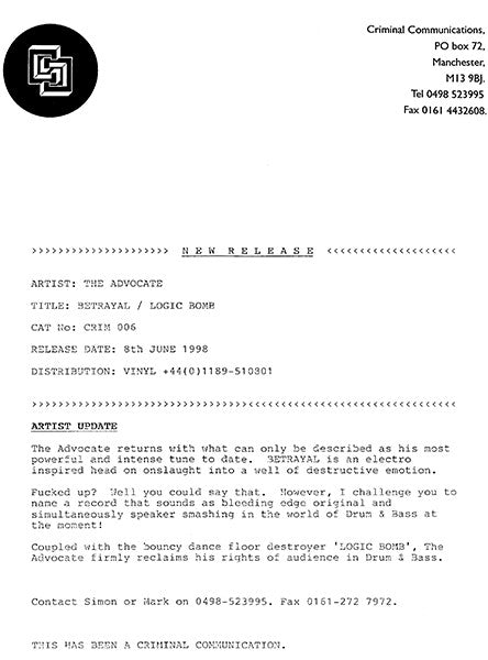 The Advocate - Betrayal / Logic Bomb - Criminal Communications (12")