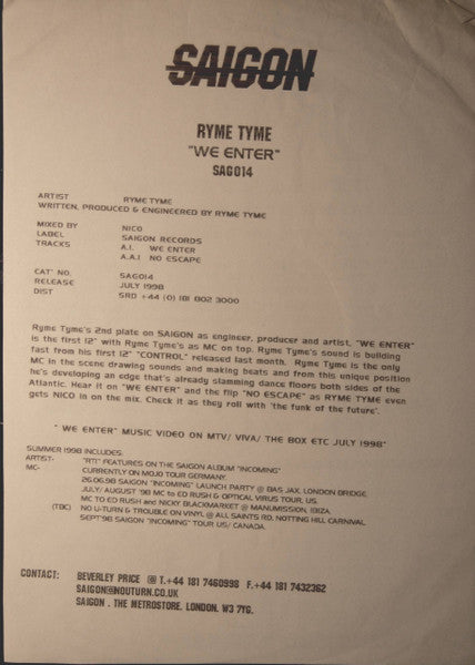Ryme Tyme - We Enter / No Escape - Saigon (12")