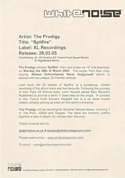 The Prodigy - Spitfire - XL Recordings (12", Promo, White Label)