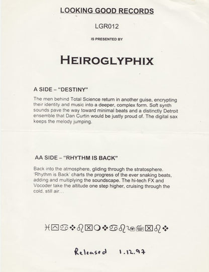 Hieroglyphix - Destiny / Rhythm Is Back - Looking Good Records (12")