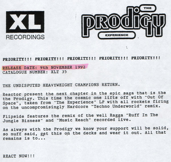 The Prodigy - Out Of Space - XL Recordings (12", Promo)